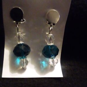 Elegant Silver and Blue Crystal Drop Clip On Earrings